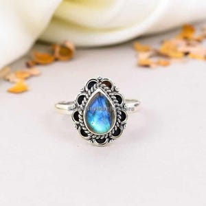Labradorite Ring | Natural Gemstone | 925 Solid Sterling Silver Plated | Handmade Women&#39;s Jewelry | Blue Flash Crystal Ring