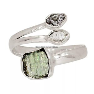 Moldavite , Herkimer Diamond , Meteorite natural gemstone 925 solid sterling silver Plated handmade ring