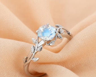 Moonstone Leaf Engagement Ring: Sterling Silver Branch Band, Boho Bridal Jewelry