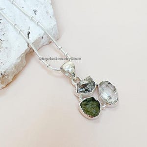 Moldavite pendant herkimer diamond meteorite natural gemstone 925 solid sterling silver plated handmade pendant