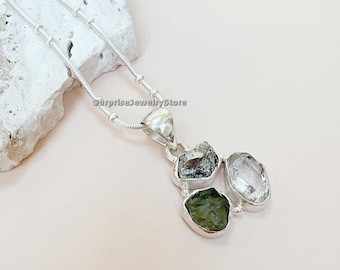 Moldavite pendant herkimer diamond meteorite natural gemstone 925 solid sterling silver plated handmade pendant