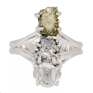 Moldavite , Herkimer Diamond , Meteorite natural gemstone 925 solid sterling silver plated handmade ring