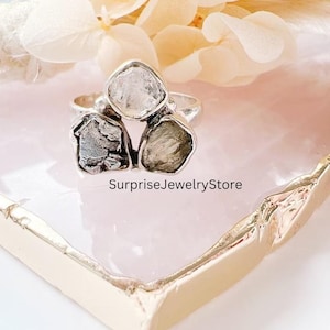 Moldavite , Herkimer Diamond , Meteorite natural gemstone 925 solid sterling silver plated handmade ring