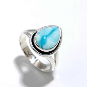Natural Larimar Gemstone Ring – 925 Solid Sterling Silver Plated – Handmade Boho Jewelry – Caribbean Blue Stone – Gift for Her