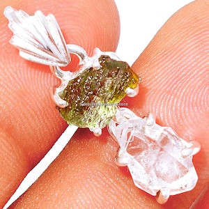Moldavite pendant herkimer diamond natural gemstone 925 solid sterling silver plated handmade pendant