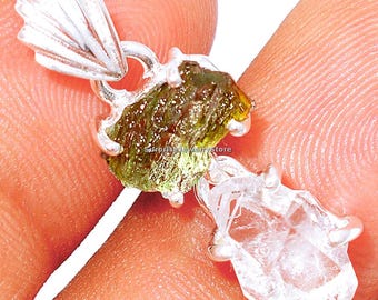 Moldavite pendant herkimer diamond natural gemstone 925 solid sterling silver plated handmade pendant