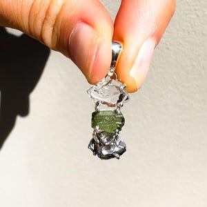 Handmade Moldavite & Herkimer Diamond Pendant: 925 Sterling Silver Jewelry