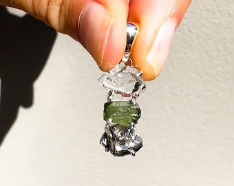 Handmade Moldavite & Herkimer Diamond Pendant: 925 Sterling Silver Jewelry