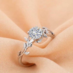 Anillo de compromiso con hoja de moissanita: banda de rama de plata de ley, joyería nupcial bohemia