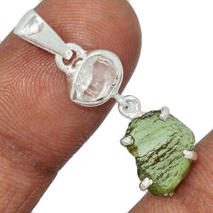 Moldavite pendant herkimer diamond natural gemstone 925 solid sterling silver plated handmade pendant