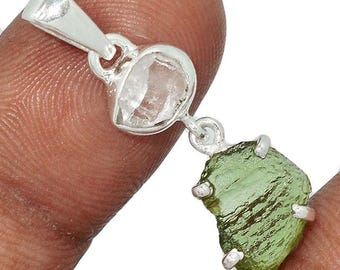Moldavite pendant herkimer diamond natural gemstone 925 solid sterling silver plated handmade pendant