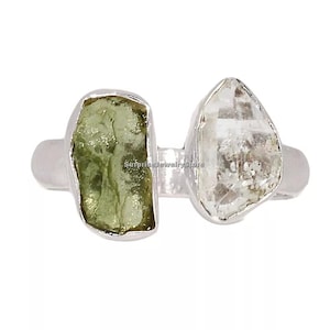 Moldavite , Herkimer Diamond , natural gemstone 925 solid sterling silver plated handmade adjustable ring