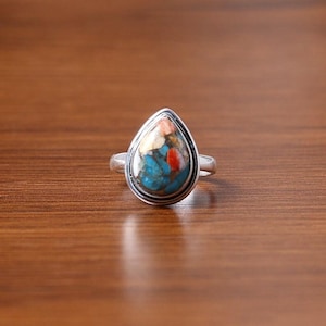 Oyster Copper Turquoise Ring: Handmade 925 Sterling Silver Dainty Ring