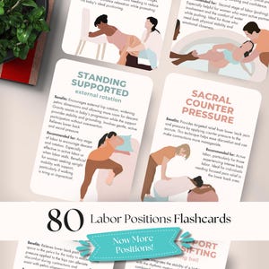May include: A set of 80 labor positions flashcards. The cards feature illustrations demonstrating various birthing positions, such as standing supported and sacral counter pressure. The cards are designed to help with labor and delivery.