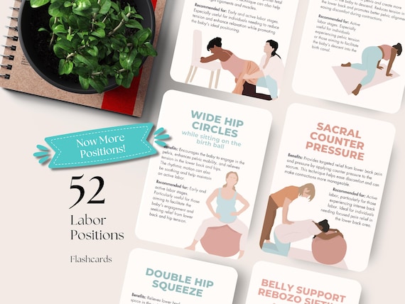 52 Labour Positions Flashcards, for doulas, midwives, pregnant ladies, Hypnobirthing classes prints, natural birth positions cards, prenatal