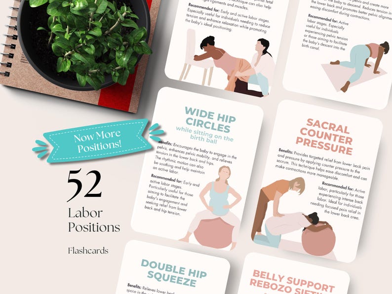Labour Positions Flashcards, for doulas, midwives, pregnant ladies, Hypnobirthing classes prints, Labour and natural birth, prenatal classes, active labour movements, doula meditation, birth position flash cards, black doula birth assistance, postpartum, doula tools, labor position cards