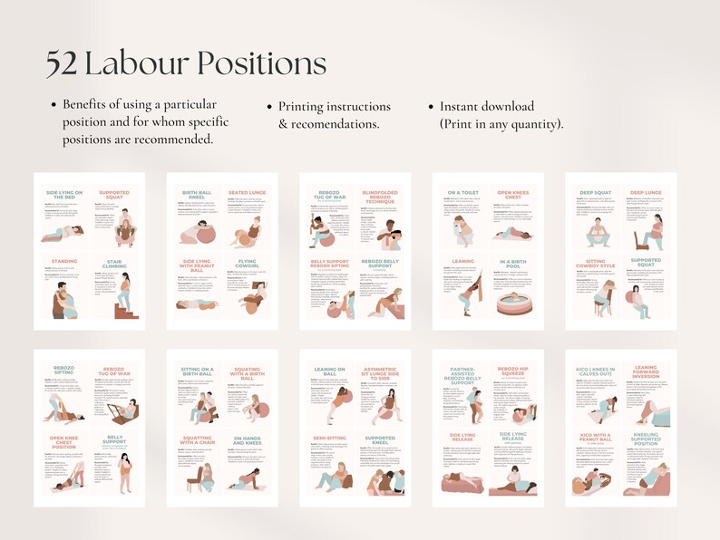 52 Flashcards voor arbeidsposities, voor doula's, verloskundigen, zwangere dames, prenten van hypnobirthinglessen, kaarten met natuurlijke geboorteposities, prenataal afbeelding 8