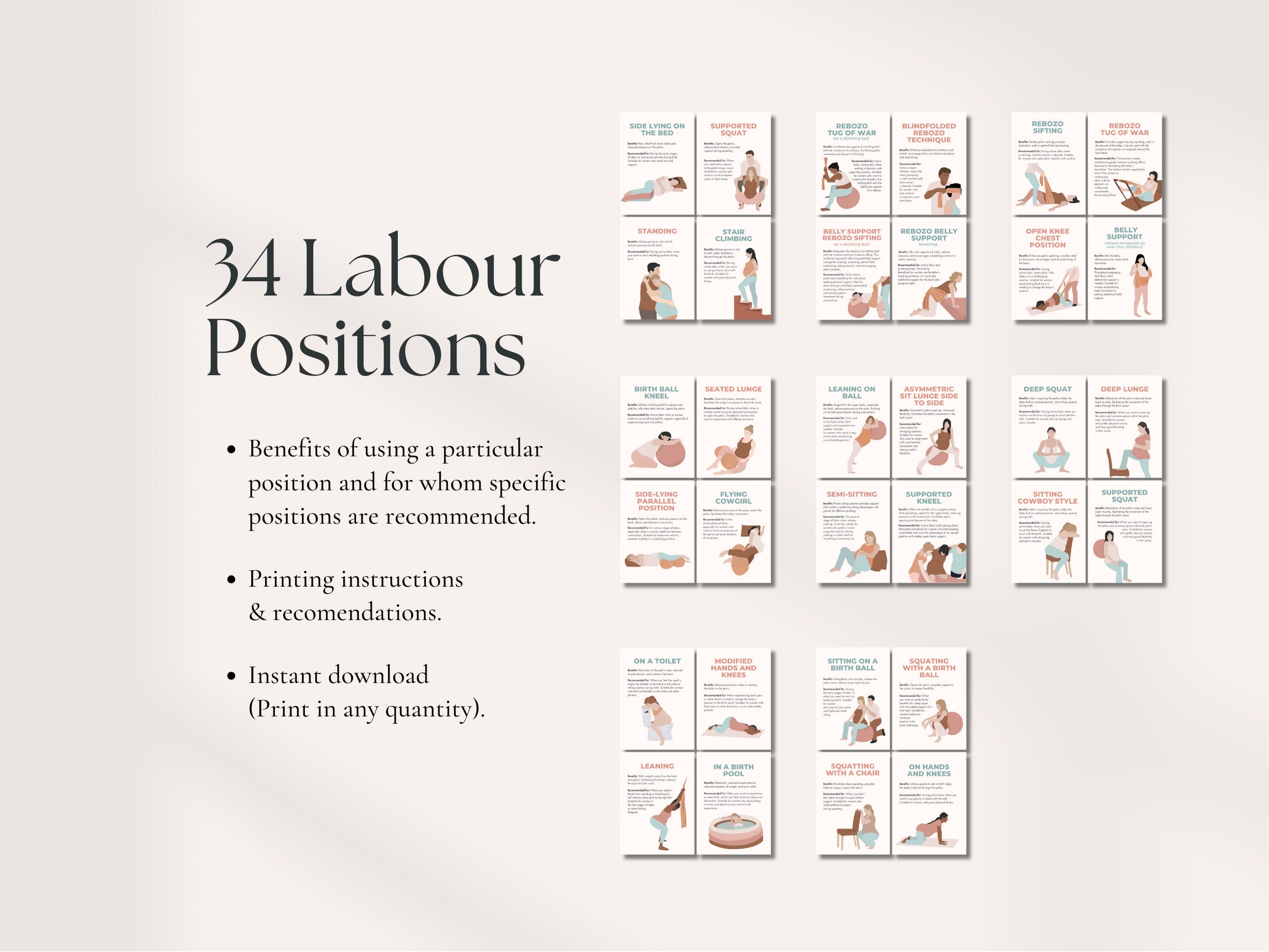 Labour/labor Positions Printable Flashcards, Childbirth Education Tool