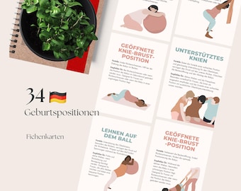 Ausdruckbare Karten met Geburtspositionen, Hilfsmittel für die Geburtsvorbereitung, Natürliche Geburt, Rebozo, mit dem Geburtsball