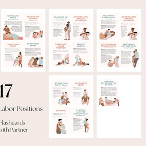 Förlossningsställningar Flashcards med partner, gravida kvinnor, tryckta hypnobirthing-kurser, förlossning och naturlig förlossning, prenatalkurser