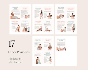 Arbeidsposities Flashcards met partner, zwangere dames, hypnobirthinglessen afdrukken, bevalling en natuurlijke geboorte, prenatale lessen