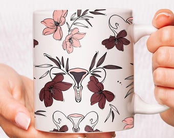 Mok baarmoederthema, Doula-koffiemok, feministisch cadeau, Pussy Power, bloemen Doula-mok, geboorte is belangrijk, verloskundige, cadeau gynaecoloog