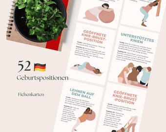 Ausdruckbare Karten met Geburtspositionen, Hilfsmittel für die Geburtsvorbereitung, Natürliche Geburt, Rebozo, mit dem Geburtsball