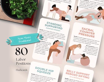 Labor Positions Flashcards, voor doula's, verloskundigen, zwangere vrouwen, prenten hypnobirthinglessen, bevalling en natuurlijke geboorte, prenatale lessen