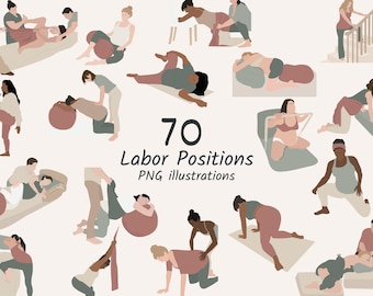 Ilustraciones PNG de posiciones de parto y alumbramiento / Materiales educativos para doulas, parteras, clases de preparación al parto, rebozos y pelotas de parto