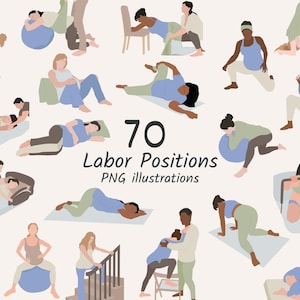 May include: Illustration of various labor positions, featuring diverse figures in different poses. The image includes the text "70 Labor Positions PNG illustrations."