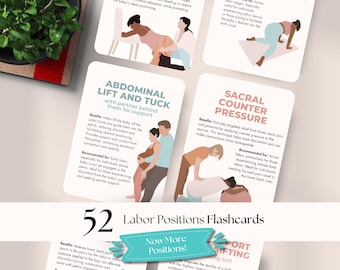 Labor Positions Flashcards, voor doula's, verloskundigen, zwangere vrouwen, prenten hypnobirthinglessen, bevalling en natuurlijke geboorte, prenatale lessen