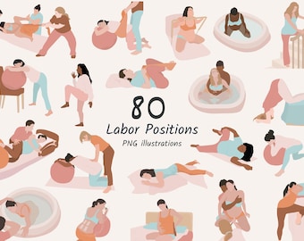 80 posiciones de parto, PNG exclusivo para doulas, parteras, embarazadas, rebozos, pelotas de parto e impresiones de clases de hipnoparto.