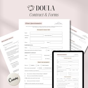 May include: A set of three forms for a doula service. The forms are titled "Birth Doula Contract", "Client Questionnaire", and "Service Agreement". The forms are printed on white paper with black text.