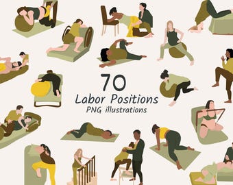 70 arbeids- en bevallingsposities, unieke png-fordoulas, verloskundigen, zwangere dames, rebozo, geboortebal, prints Hypnobirthing-lessen
