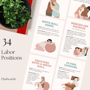 Labour/Labor Positions Printable Flashcards, Natural Childbirth Education Tool, Natural Birth, RebozoBirth Positions, Birthing Ball Position