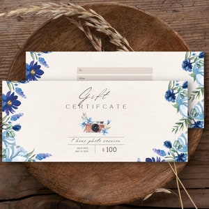 Modèle de certificat-cadeau de photographe, carte de bon de séance photo, carte-cadeau de photographie, modèles Photoshop de carte-cadeau, photographe