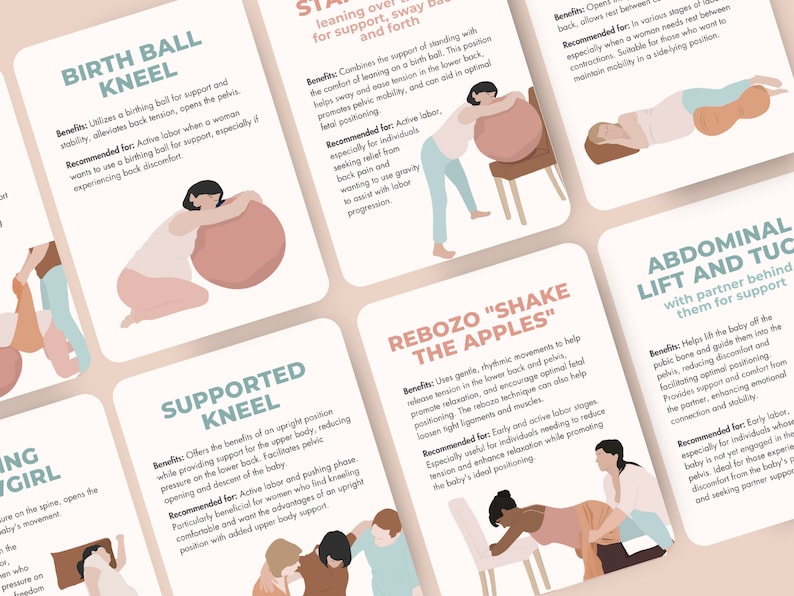 Labour Positions Flashcards, for doulas, midwives, pregnant ladies, Hypnobirthing classes prints, Labour and natural birth, prenatal classes, active labour movements, doula meditation, birth position flash cards, black doula birth assistance, postpartum, doula tools, labor position cards