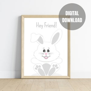 White bunny to decor the wall of nursery or kids room. Cute animal print, gender neutral, light grey, printable wall art, rabbit.