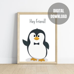 Friendly Penguin print for nursery or kids room. Cute animal, print, gender neutral, printable wall art, penguin with black bow tie. black.