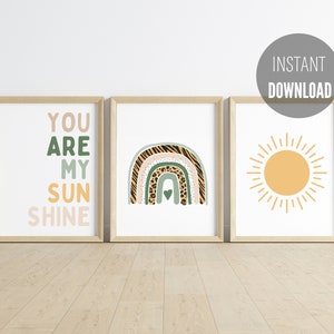 Boho Set of 3 Jungle Animal Wall Art Print for Children Room Safari Rainbow “You are my Sunshine “ Sage Green Decor Boho Nursery Wall Art