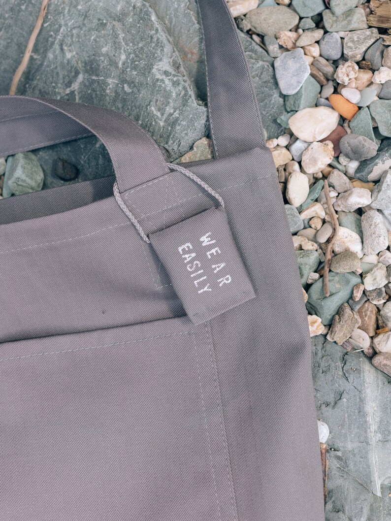Grey cotton tote with dual pockets, top short handles, long body strap, and unique lavender sachet tag image 4