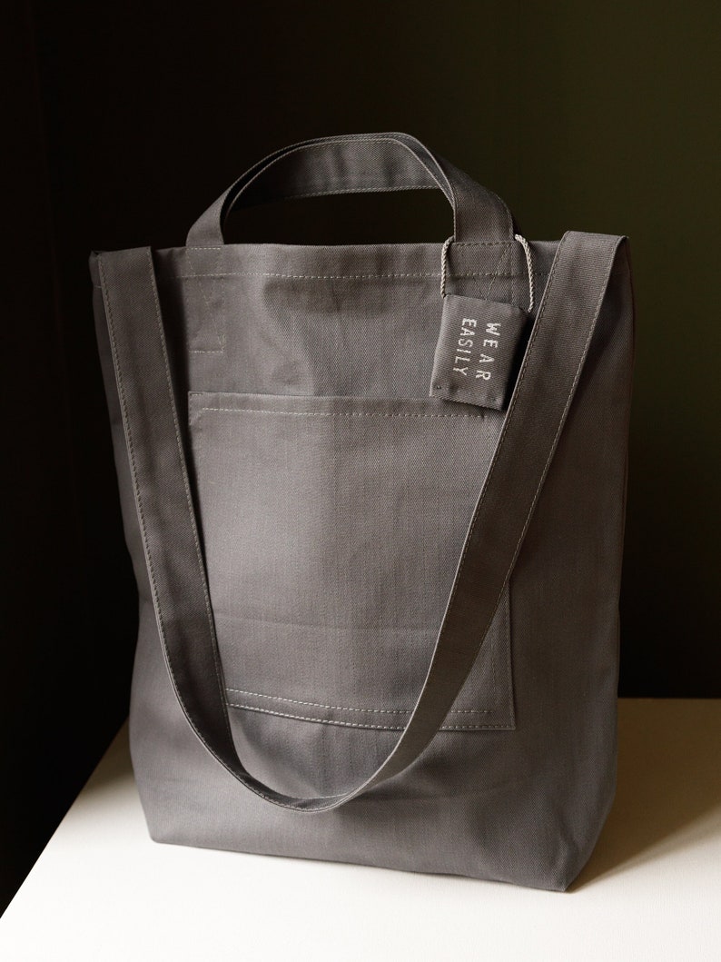 Grey cotton tote with dual pockets, top short handles, long body strap, and unique lavender sachet tag image 7