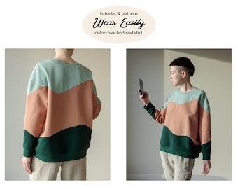 Color block sweatshirt &quot;Mountain landscape&quot; pattern & PDF sewing tutorial, one size