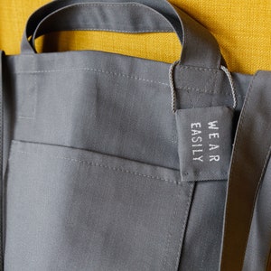 Grey cotton tote with dual pockets, top short handles, long body strap, and unique lavender sachet tag image 10