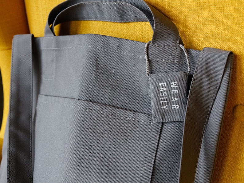 Grey cotton tote with dual pockets, top short handles, long body strap, and unique lavender sachet tag image 10