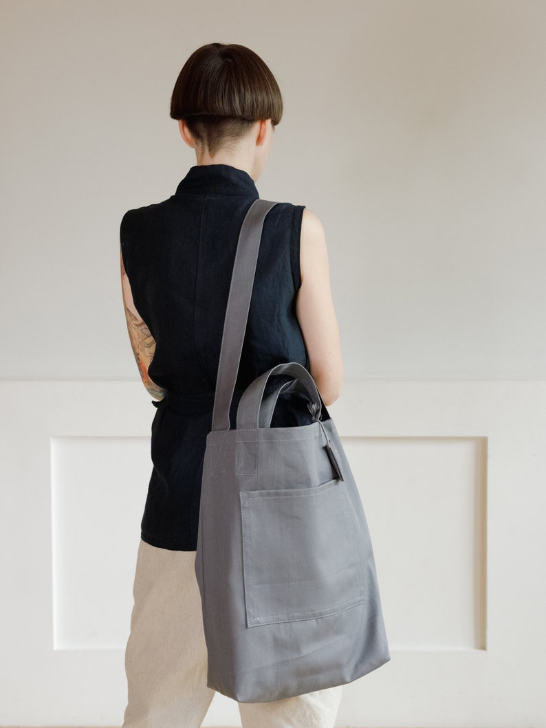 Grey cotton tote with dual pockets, top short handles, long body strap, and unique lavender sachet tag image 6