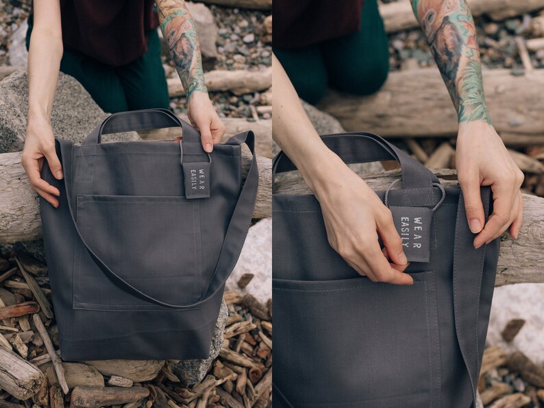 Grey cotton tote with dual pockets, top short handles, long body strap, and unique lavender sachet tag image 3