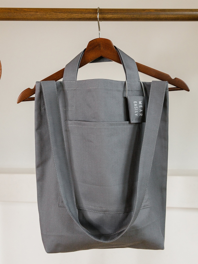 Grey cotton tote with dual pockets, top short handles, long body strap, and unique lavender sachet tag image 8