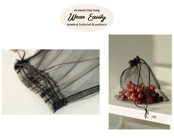 Drawstring mesh pouch – PDF sewing tutorial, sewing tricks for tulle, simple pattern