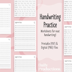 Handwriting Practice Sheets, Printable, Digital, Handwriting Worksheet, Digital Download